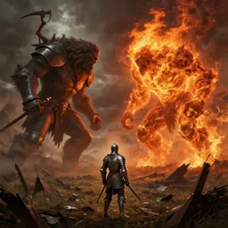 masterpiece a lone knight knight knight in a wartorn field facing off against a fire giant fire giant fire giant, by Greg Rutkowski Thomas Kincade, detailed, 4k, cinematic, intense, gritty, fantasy, perspective