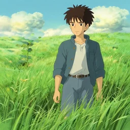 grass, male, in the style of studio ghibli, j. c. leyendecker, greg rutkowski, artgerm