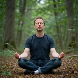 Michael Scott meditate in forest, realistic photo, 90mm