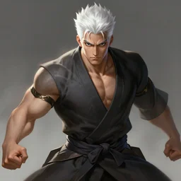 a highly detailed illustration of short white hair parted down middle fierce asian man, wearing hakama, with black sclera eyes, heroically battle posing, muscular, intricate, elegant, highly detailed, by greg rutowski, centered, digital painting, artstation, cgsociety,  concept art, smooth, sharp focus, league of legends concept art, WLOP
