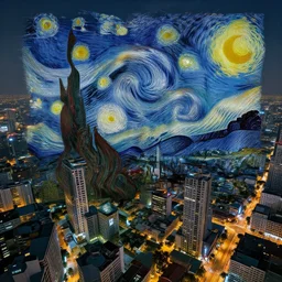sci - fi bangkok cityscape. wide angle night photo. helicopter view. exaggerated detail. volumetric lighting. art by van gogh and masamune shirow.
