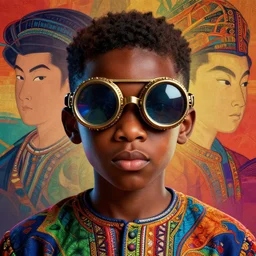 colourful vfx portrait - art of a nigerian boy wearing steam punk goggles, art by utagawa kunisada & james jean, volumetric light, symmetrical, ray tracing, unreal engine, octane 3 d render, sharp, detailed, digital render, illustration, highly detailed, intricate detail, pinterest, behance, art station,