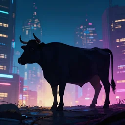 silhouette of cow in cyberpunk city night, ultrafine highly detailed hyper colored illustration, sharp focus, unreal engine highly rendered, global illumination, radiant light