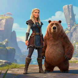 a tall viking woman accompanied by a brown bear dreamworks movie 4 k