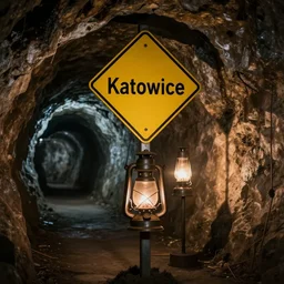 road sign to katowice in a mineshaft deep underground, lit by an oil lamp