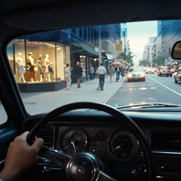 first - person perspective in the interior of a vintage car looking over the dash through the window down a city street with store window with mannequins near a bustling sidewalk with pedestrains and busy street with automobiles in 1 9 7 0's new york city at night, color photo, vintage film artifact