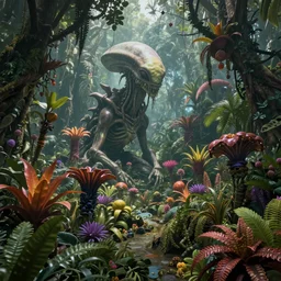 hyper realistic photo of an alien jungle with exotic and colorful alien plants, realistic, alien planet, outworldy, scifi