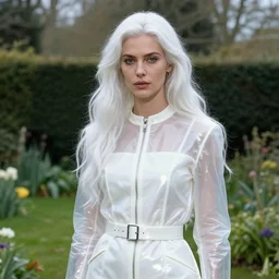 portrait of a woman wearing shiny white transparent leather suit standing in an english garden, english face, refined features, moon goddess, long snow - white hair by jean gerome, edward hopper and james jean, hyper detail, 8 k, high resolution, ultra detailed