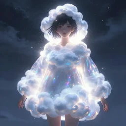 anime girl, a woman wearing cloud clothes, clothes that look like clouds, stormy clothing, ambient lighting, luminous, radiant, glowing, iridescent, lustrous, shimmering, brilliant, vivid, digital art