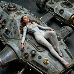 beautiful fantasy character portrait, natalie portman resting on an old sci - fi vehicle, bodysuit, leotard, ultra realistic, wide angle, intricate details, the fifth element artifacts, highly detailed by peter mohrbacher, hajime sorayama, wayne barlowe, boris vallejo, paolo eleuteri serpieri