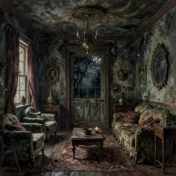 creepy horrific room, extreme fine detail background, night, highly detailed, high quality, digital painting, hyperrealistic, by bill henson