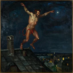 painting by mikalojus konstantinas ciurlionis, bosch. devil jumping from roof to roof. night with star