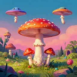 mushrooms in the place of flying saucers, hallucinogenic, psychedelics, altered vision, groovy, modern,