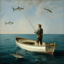 highly detailed classical painting of a man fishing on a very small boat, in the ocean, sharks swimming around