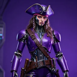 a portrait photo of a futuristic sci - fi pirate, purple themed, rainbow highlights, robot pirate