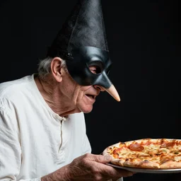 portrait photo of an old scruffy man, sinister appearance, long nose, crooked nose, large mouth, black pulcinella masquerade mask, pointy conical hat, white wrinkled shirt, side view, presenting pizza, black background, close - up, skin blemishes, acclaimed, nikon 5 0 mm, expensive masterpiece