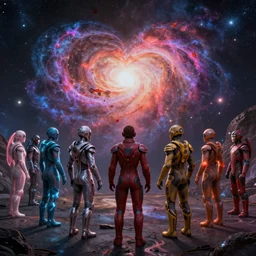 love, diverse supernova cybersuits, from behind, connection rituals, wide wide angle, vivid, elaborate, highly detailed, beautiful lighting