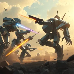 cinematic scene, robots fighting by chris mastree, artstation