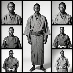 an african chief wearing a Japanese Kimono, african facial features, full body shot, rembrandt lighting, black & white, 35mm, magazine collage,