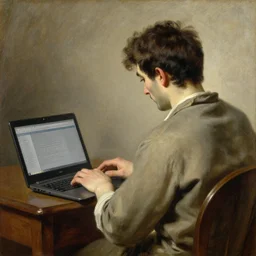 an oil painting of an man playing a laptop, view from back, by Bouguereau, highly detailed and intricate,