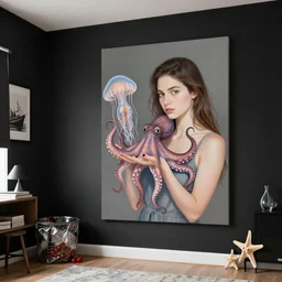 a dark apartment with black walls, portrait of female art student holding an octopus, jellyfish, shipwreck, berries, trash, starfish, coral, rocks, seaweed, empty pet bottles, scientific glassware, neo - expressionism, surrealism, acrylic and spray paint and oilstick on canvas