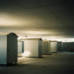 noisy photograph of outside tiny homes in liminal underground, office ceiling panels, retrofuturism, brutalism, minimalist, cinematic, soft vintage glow
