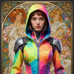 a highly detailed portrait of a futuristic female assassin, neon colored suit, floral pattern background, beautiful detail and color, art by john collier and albert aublet and krenz cushart and artem demura and alphonse mucha, volumetric lighting, octane render, 4 k resolution, matte, sharp focus, illustration, art by jacque - louis david, baroque style