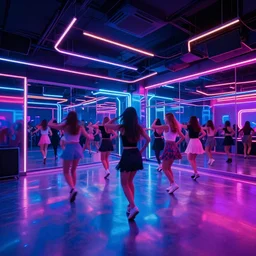 A neon dance club, glowing fluorescent with shiny floors and reflective walls.