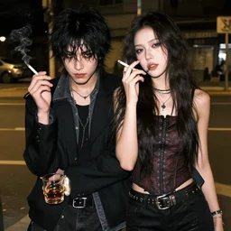 brutal boy abd girl with cigarette and whiskey, on the night street by elizabeth mitchell
