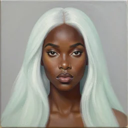 a detailed matte oil on canvas head on symmetrical portrait of black skinned woman with!! long white hair!! and ( ( ( pale greenish ) ) ) hair, clothed by charlie bowater, lise deharme, wlop, trending on artstationhd, dungeons and dragons art critical role