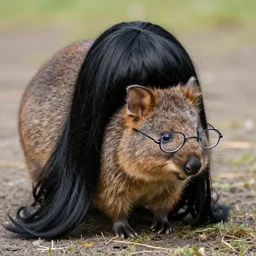 a long black hair wig on a quokka with glasses