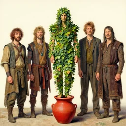 Psychedelic Physique Portrait of a Shaman Guy wearing an ivy costume plant disguised as a human standing atop a red clay pot greg rutkowski jen bartel peter mohrbacher anna podedworna arthur rackham salvador dali octavio ocampo jacek yerka winslow homer norman rockwell uta natsume prismacolor tombow quill
