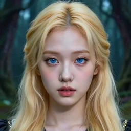 beautiful hyper realistic photograph of pretty blonde korean girl alice, alice in wonderland, dj sura face, close up portrait, artgerm, ilya kuvshinov, wlop, blue eyes, 8 k, in a haunted forest