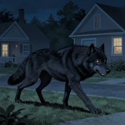 a giant black wolf stalking through a suburb at midnight, by greg rutkowski