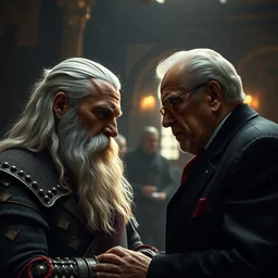 5 5 mm portrait photo of geralt meeting with silvio berlusconi. 8 0 s atmosphere. art by greg rutkowski. highly detailed 8 k. intricate. lifelike. soft light. nikon d 8 5 0.