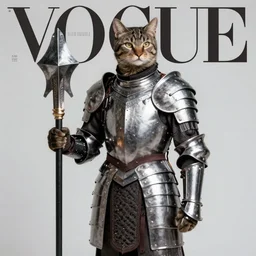 quarter length vogue fashion photo portrait of a dark tabby tabaxi paladin, halberd, plate armor, d & d, tyler jacobson