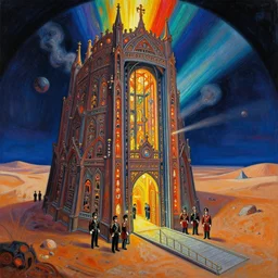 gediminas pranckevicius fish eye view of detailed portrait of gothic crematorium on desert planet, intricate complexity, by greg rutkowski, ross tran, conrad roset, takato yomamoto, ilya kuvshinov huge, elevator, side ramp entrance, intricate lights, guards royal, painting by lucian freud and mark brooks, bruce pennington, bright colors, neon, life, god, godrays, sinister hall smoke