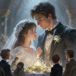 a cinematic portrait of wedding photograph close up moment of a divine a young man and young girl lovers magician at a wedding banquet, digital painting, artstation, concept art, fantasy style, anime key visual, 8 k, cinematic lighting, beautiful, mist, frostbite 3 engine, hyper detailed, masterpiece by krenz cushart, artem demura, alphonse mucha, yoji shinkawa artgerm, jon lothian, danilo torres, adi meyers, thomas reimann, gaston bussiere,
