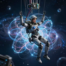 dark realism a beautiful robot fighter pilot is suspended by intricate organic and electric cables and wires and fiber to the jet cockpit computer motherboard, experiencing the quantum field cinematic highly detailed realistic beautiful cosmic neural network o