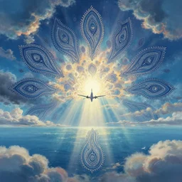 paisley patterns in the sky, clouds in the shape of paisleys, airplane flying over a fantasy ocean 🌊, fantasy landscape, radiant light rays, backlit, symmetrical details, sharp focus, photorealistic painting, award winning painting, volumetric lighting, artstation, octane render, unreal engine, studio ghibli