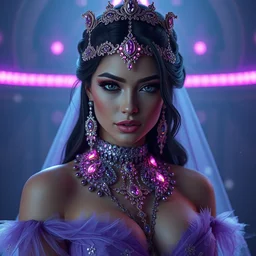 portrait full pov of kylie jenner as a princess of amethyst, glowing, ornate and intricate purple jewelry, jaw dropping beauty, glowing background lighting, purple accent lighting, hyper detailed, fairy tale, 4 k octane render