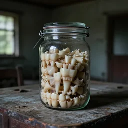a very large closed jar full of teeth on a dirty table, in an abandoned house, creepy, dark, 8 k, high quality