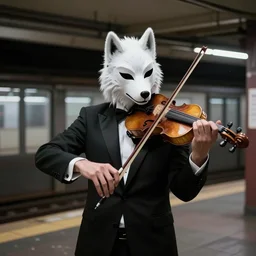 a man in a tux wearing a white wolf mask playing the violin at a dirty metro station, unnerving,  creepy, terrifying.