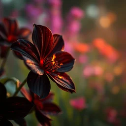 close up, hyper realistic black flowers with fire texture on the petals in the garden, beaultiful background, vibrant colors, bokeh, illustrated by greg rutkowski, beautiful volumetric lighting, intricate, ultra detailed, photorealistic, trending on artstation, octane render, 8 k