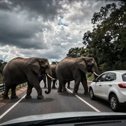 grainy low - res dashcam footage of elephant blocking the street, car dashcam recording