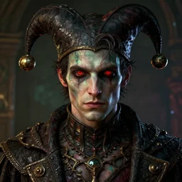 an oil art close up portrait of young man, roma mage, with lovecraftian magic in style of disco elysium character, gipsy man jester character design from ravenloft, 4 k, ultra detail, volumetric lighting, unreal engine, octane render