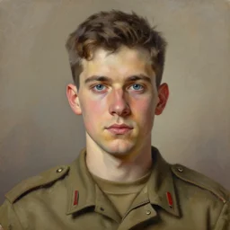 Young man with brown hair and blue eyes, wearing a military uniform, by Greg Rutkowski, oil painting, trending on artstation