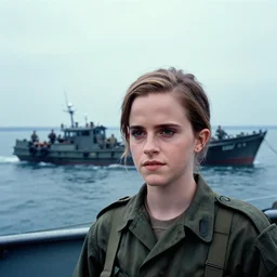 film still, far view, landscape, emma watson soldier portrait close up in foreground, vietnam patrol boat, kodak ektachrome, blue tint expired film,