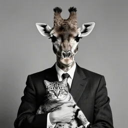 photographic portrait sad max ernst giraffe feathers, wearing a suit, holding a cat, editorial