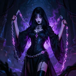 portrait of cloaked girl sexy creature wielding neon chains whips, visible aura of madness distorting the surroundings, occult details, greg rutkowski style, high quality, 8 k,